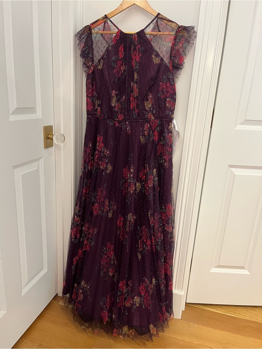 Plum Floral Maxi Dress with Ruffled Cap Sleeves